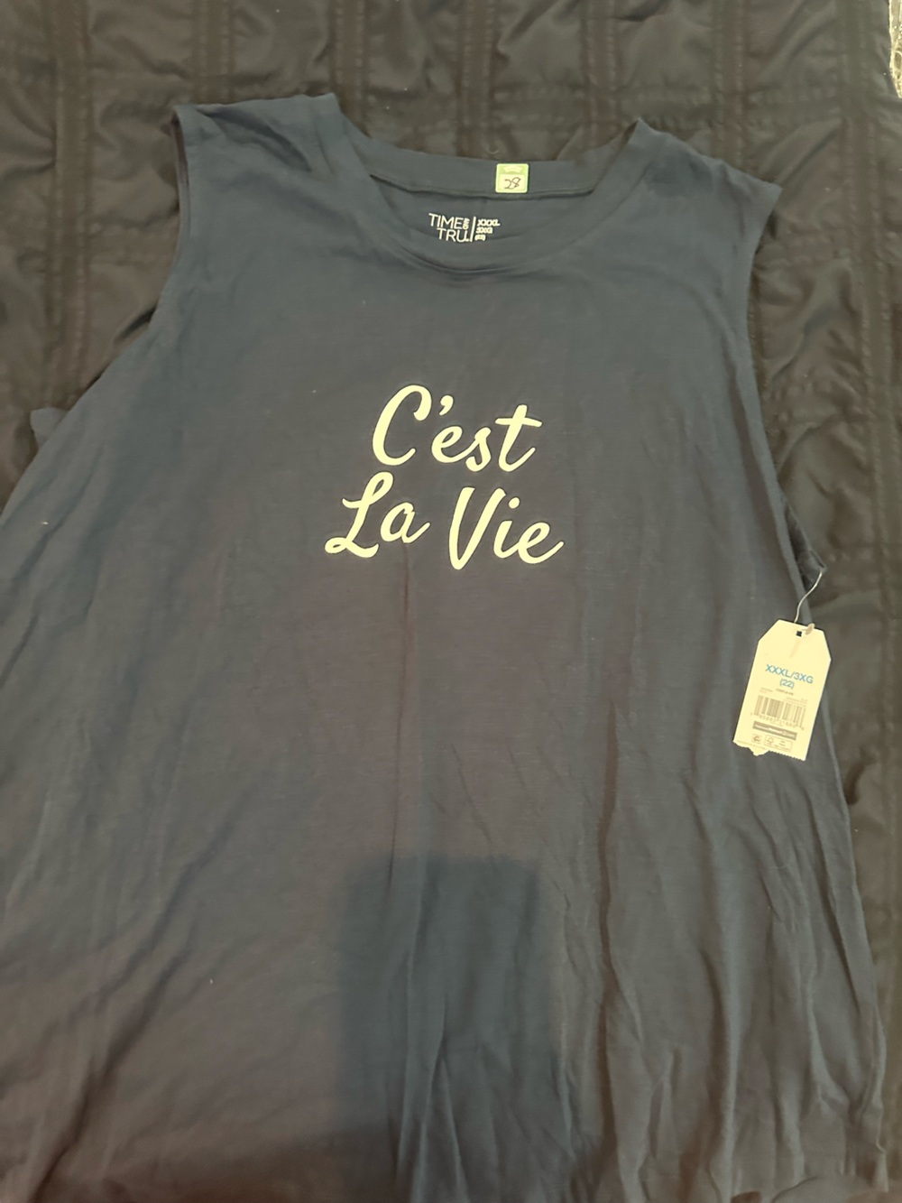 Time and Tru Navy Graphic Muscle Tank with Script